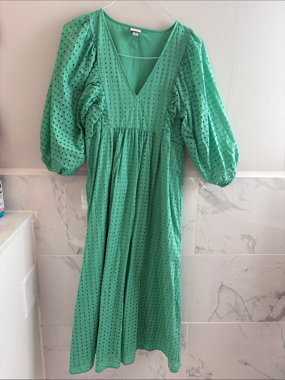 Green Eyelet Puff-Sleeve Midi Dress